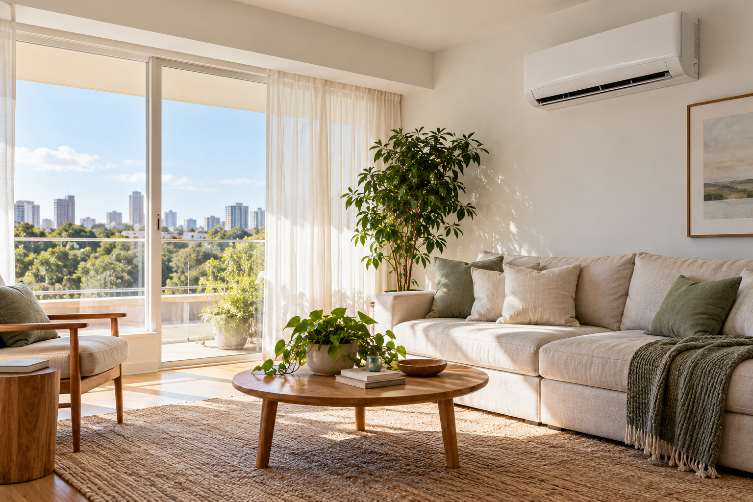 Sala contemporânea iluminada com ar-condicionado discreto na parede