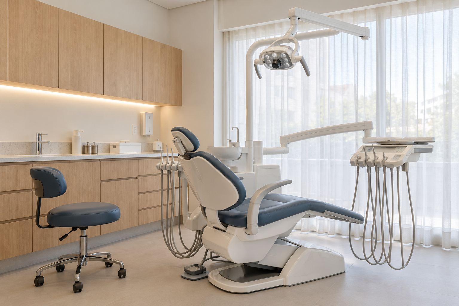 Consultório odontológico conceitual com luz natural e equipamentos