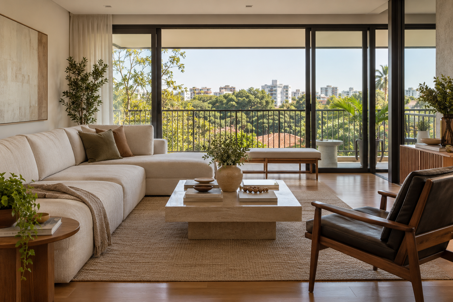 Apartamento conceitual com sala iluminada e materiais naturais